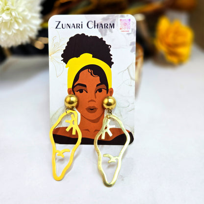 Vertex sun and bird dangles displayed on a Zunari Charm branded card with the signature woman illustration.