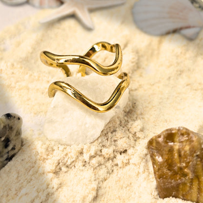 gold wavy open cuff ring adjustable anti tarnish