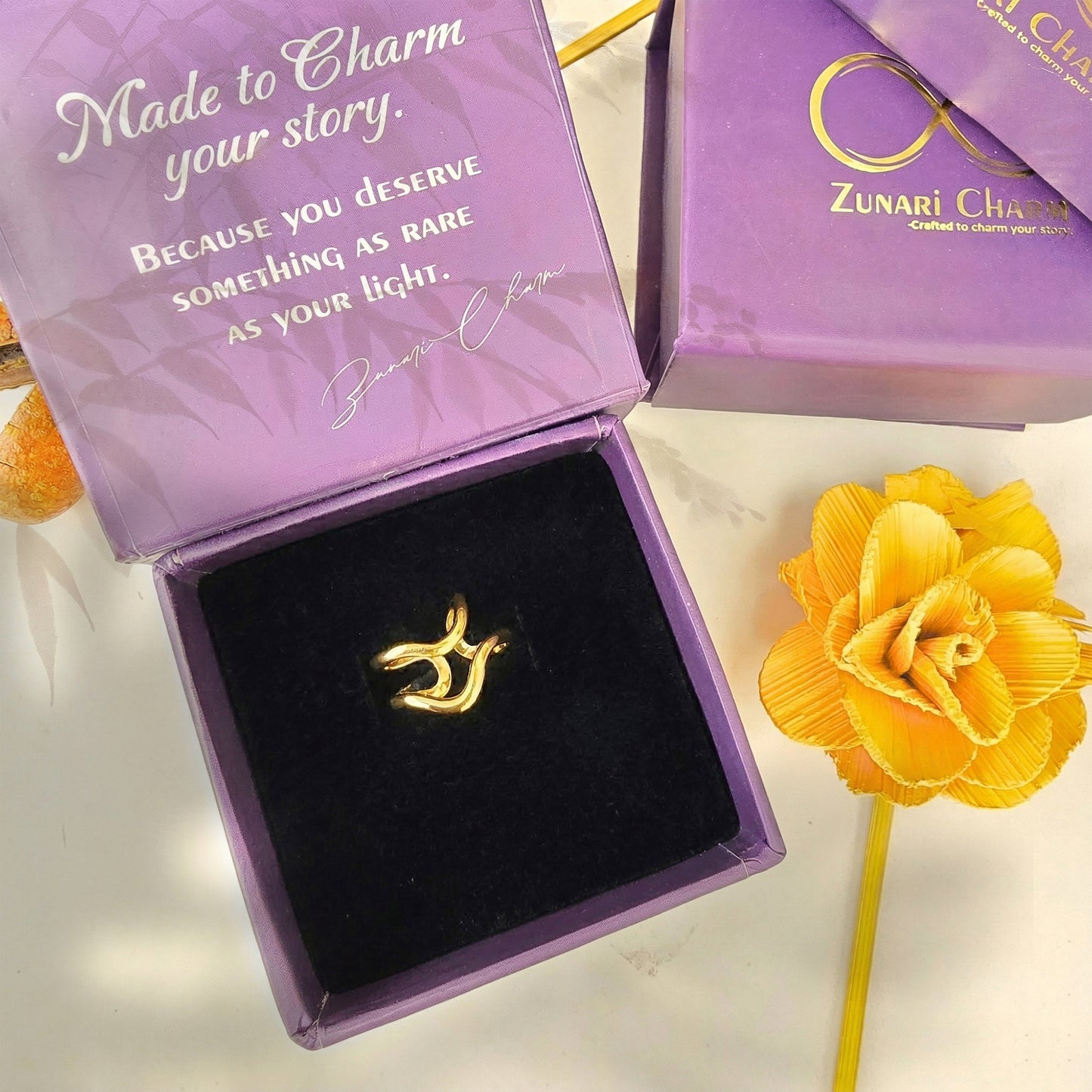 zunari charm ring premium packaging aesthetic
