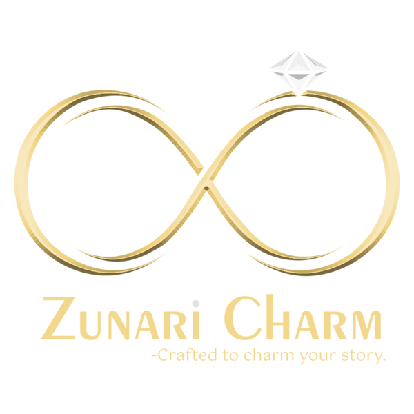 Zunari Charm logo with gold infinity symbol and diamond on a transparent background