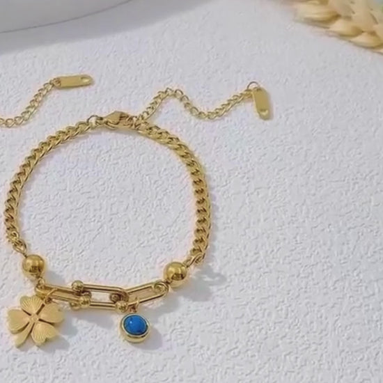Video showcasing Beautiful Gold finish and premium quality of Clover Charm Evil Eye Bracelet