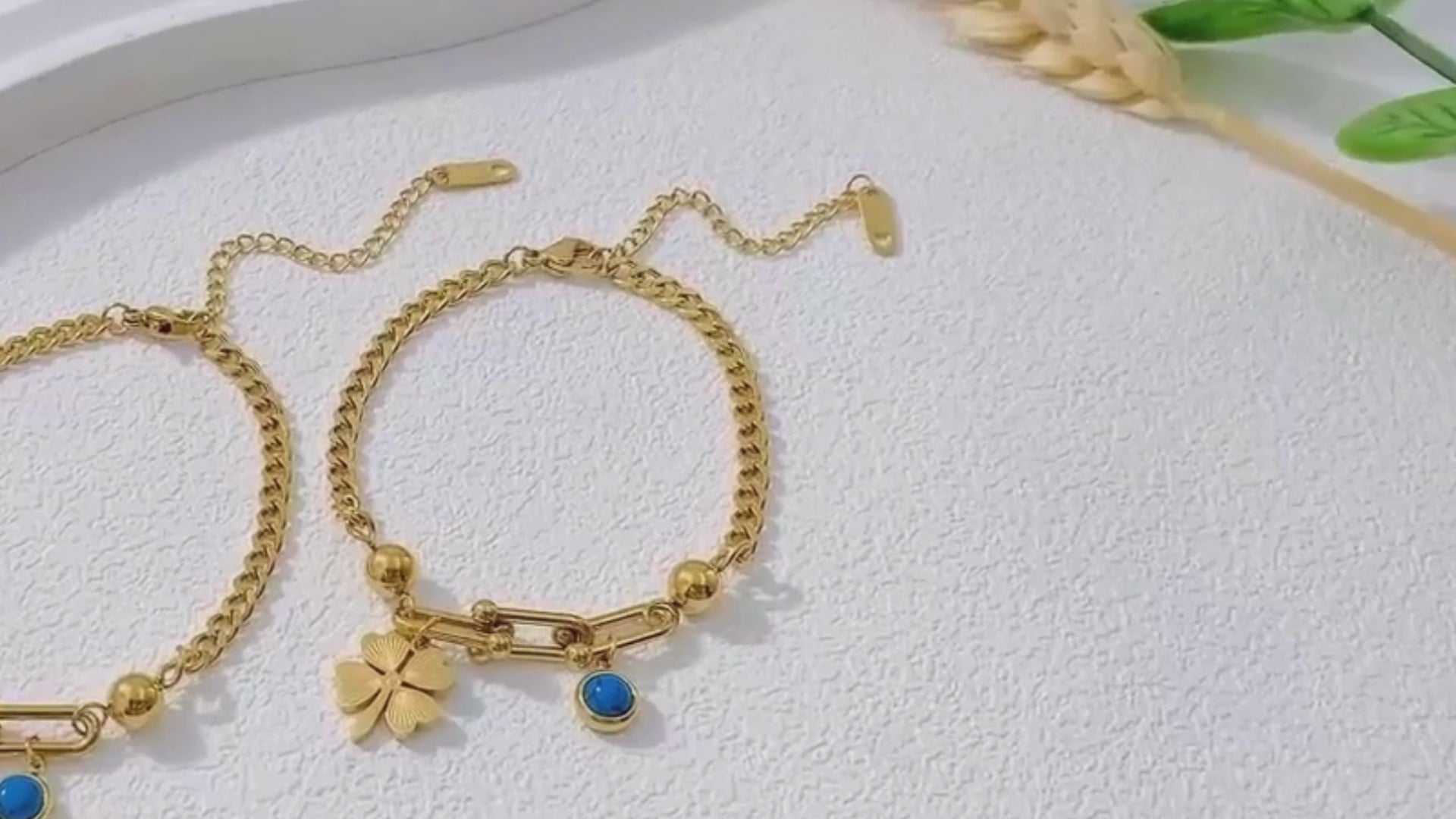 Video showcasing Beautiful Gold finish and premium quality of Clover Charm Evil Eye Bracelet