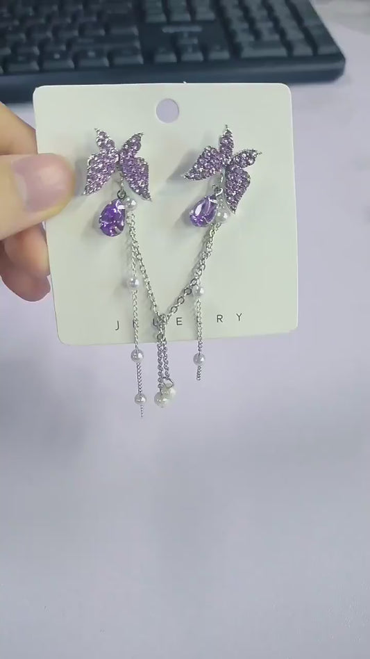 Purple butterfly earrings with pearl chain drops and lavender crystal accents - Zunari Charm