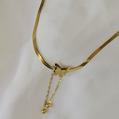 Video showing Snake Chain Butterfly Necklace shine, flexibility, and adjustable dual-drop design.